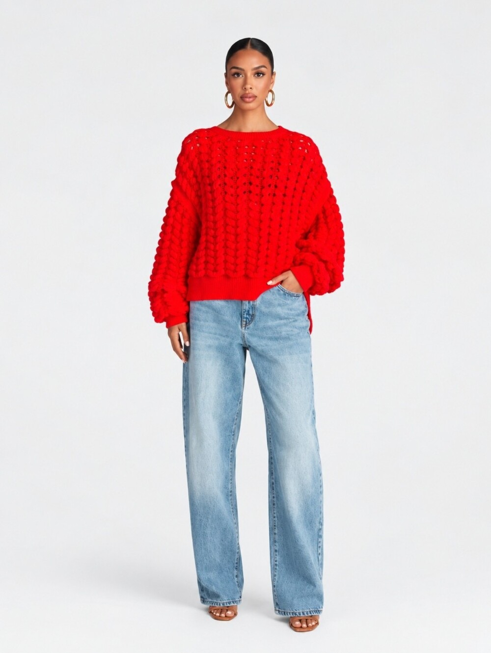 KBB by KAHLANA Women Pullover Sweater 'The Chunky Knit Crew' - Red Size L